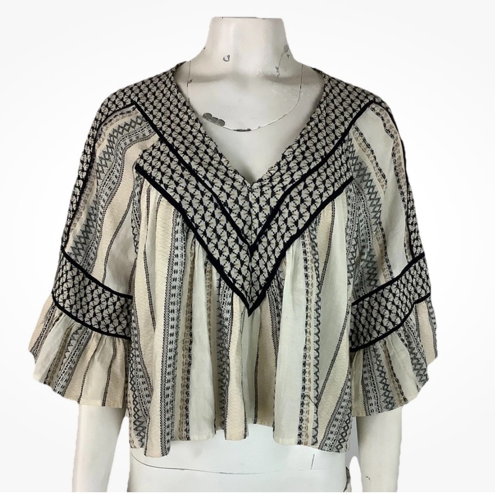 Free People Sz M Boho Cropped Swing Hem Festival Western Look Top Black White - Picture 2 of 7